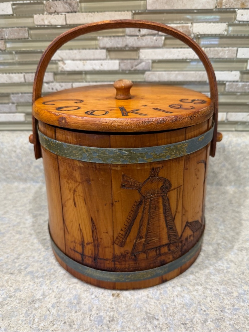 Source Unknown Rustic Brown Wooden Cookie Jar with Windmill Engraving